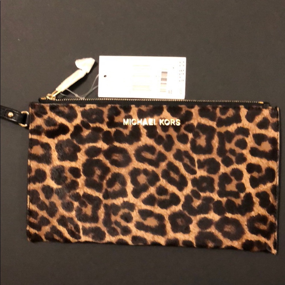 NWT Michael Kors Leopard Calf Hair Wristlet